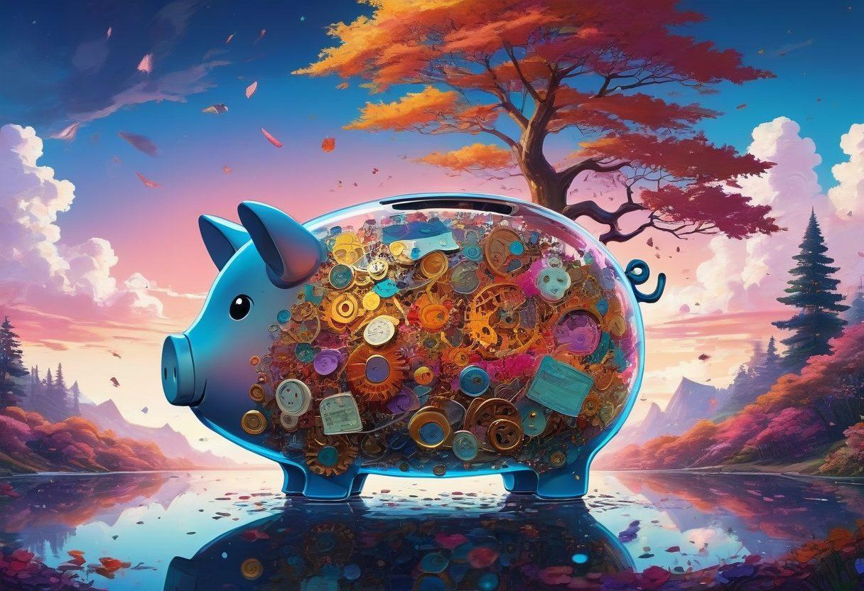 A split image featuring two worlds: on one side, a vivid, colorful anime landscape with characters joyfully interacting, and on the other side, a darker, subtler environment symbolizing adult content, with shadowy tones and a hint of mystery. In the center, a large, transparent piggy bank with money, surrounded by question marks and gears, illustrating the connection between interests and financial health. surreal elements. bright and moody colors. white background.